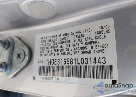 2001 Honda Civic Lx из США, поврежденный, VIN 1HGES16581L031443